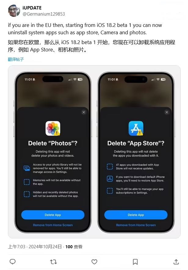 桓台苹果手机维修分享iOS 18.2 支持删除 App Store 应用商店 