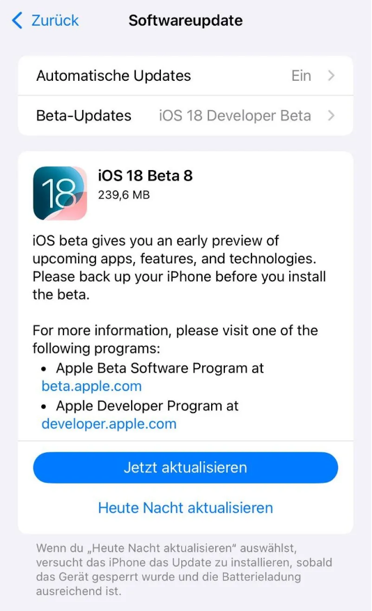 桓台苹果手机维修分享苹果 iOS / iPadOS 18 开发者预览版 Beta 8 发布 